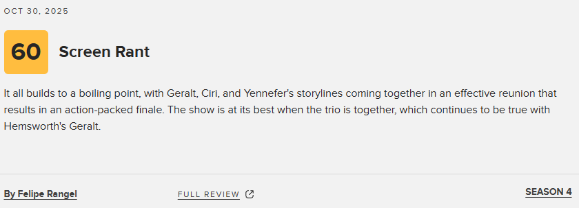 《猎魔人》第四季M站均分60分:剧集基调极度失衡!_wishdown.com 《猎魔人》第四季M站均分60分:剧集基调极度失衡!_wishdown.com