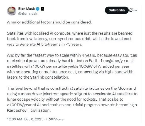 马斯克谈每年发射100万吨AI卫星:大规模运行AI最低成本方式_wishdown.com 马斯克谈每年发射100万吨AI卫星:大规模运行AI最低成本方式_wishdown.com