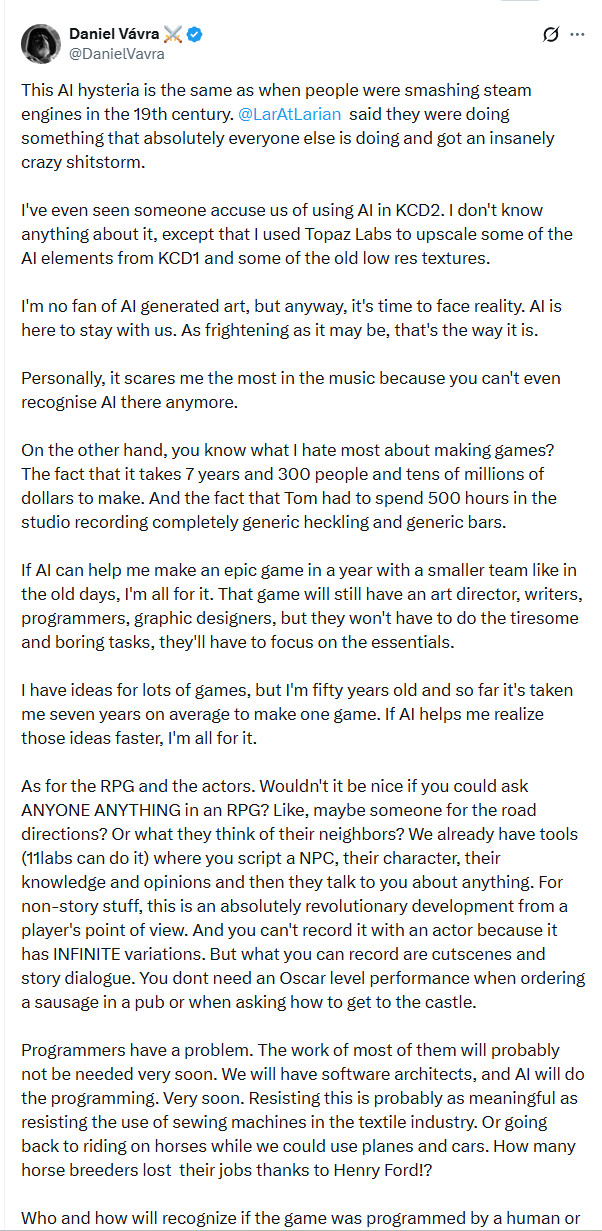 《天国:拯救2》开发商力挺拉瑞安:面对现实吧 AI将长期存在_wishdown.com 《天国:拯救2》开发商力挺拉瑞安:面对现实吧 AI将长期存在_wishdown.com