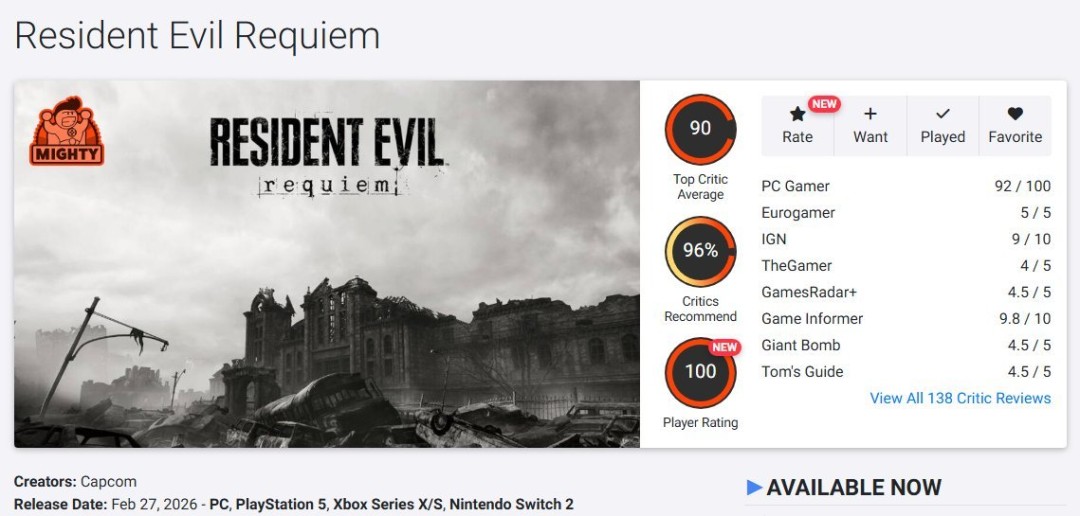 再攀新高!《生化危机:安魂曲》M站评分升至89分_wishdown.com 再攀新高!《生化危机:安魂曲》M站评分升至89分_wishdown.com