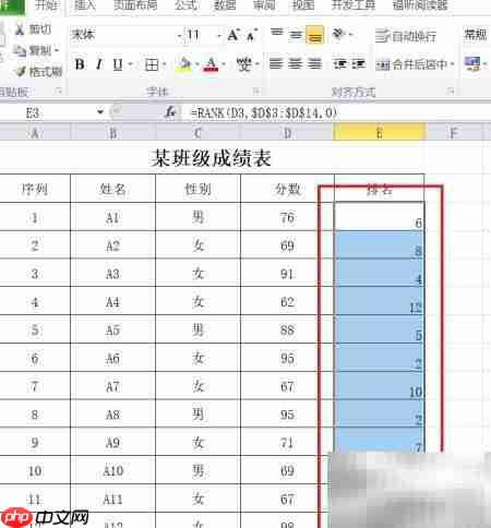 用RANK函数快速排序数据_wishdown.com 拖动填充柄完成批量计算示意图