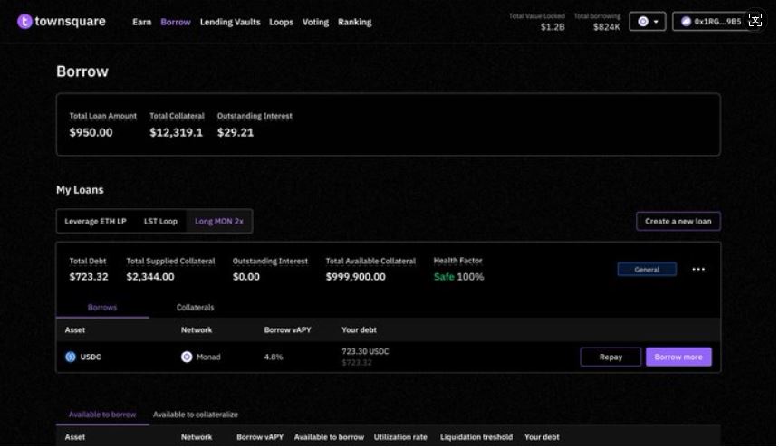 主网上线首日!Monad DeFi生态中的代表性项目盘点_wishdown.com TownSquare模块化借贷操作界面示意图