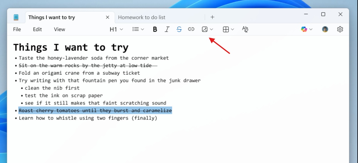 43 年来最大变革:微软 Win11 版记事本将告别纯文本,测试原生插入图片_wishdown.com 记事本与写字板功能对比示意