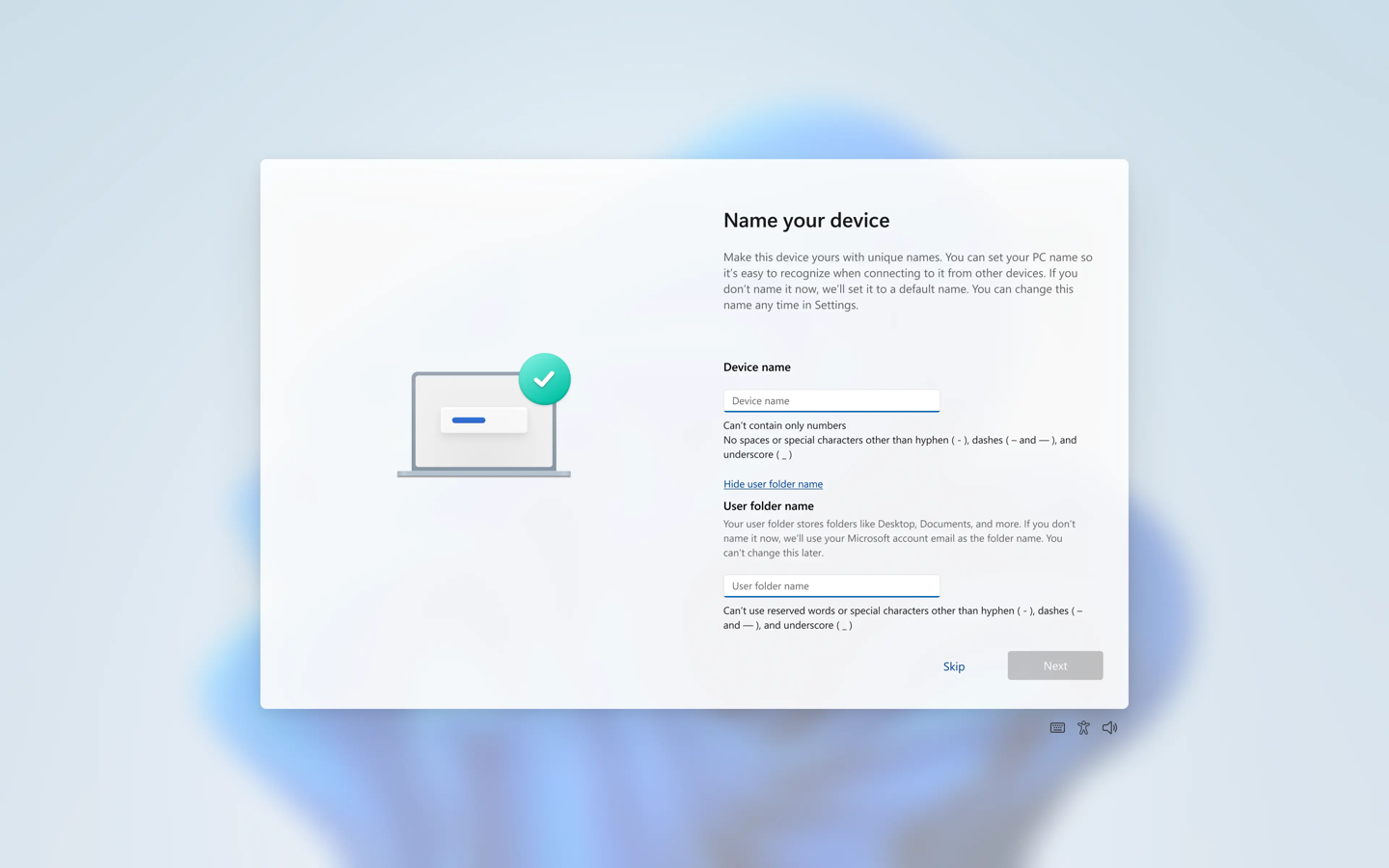 “史诗级”更新,微软测试 Win11 初始设置自定义用户文件夹名称_wishdown.com 自定义用户文件夹名称选项的位置与输入示例