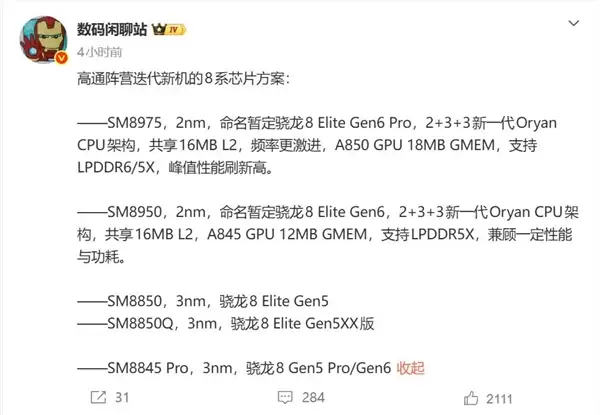高通骁龙8E6/8E6 Pro参数出炉:全系采用2nm工艺 小米18首发_wishdown.com 高通骁龙8E6/8E6 Pro参数出炉:全系采用2nm工艺 小米18首发_wishdown.com