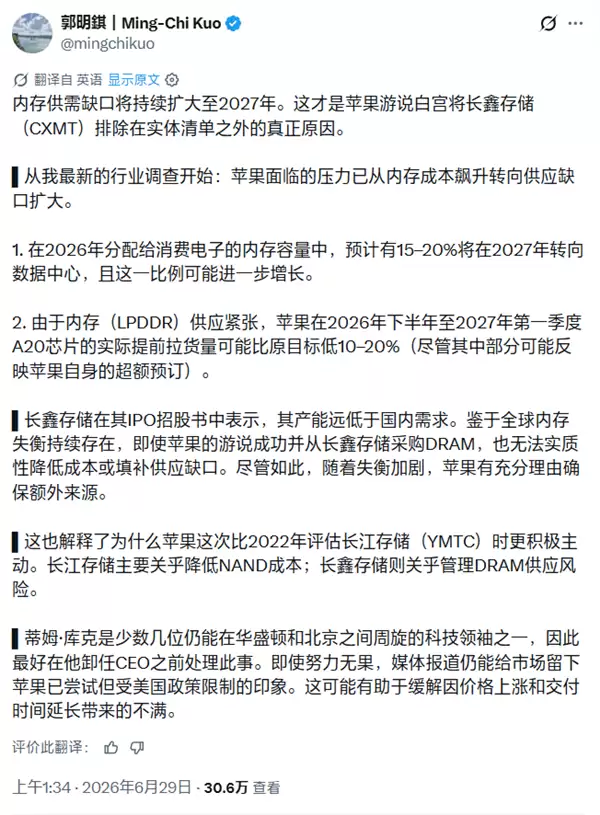 郭明錤揭晓苹果要用中国长鑫存储原因:供货缺口太大_wishdown.com 郭明錤揭晓苹果要用中国长鑫存储原因:供货缺口太大_wishdown.com