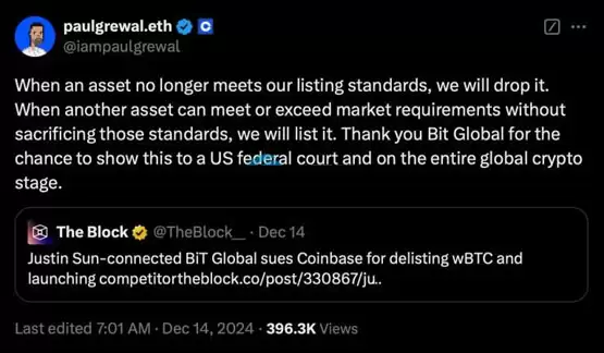 Coinbase下架WBTC遭起诉 孙宇晨指责双标引争议_wishdown.com Coinbase下架WBTC遭BiTGlobal起诉!孙宇晨加入战场:双标