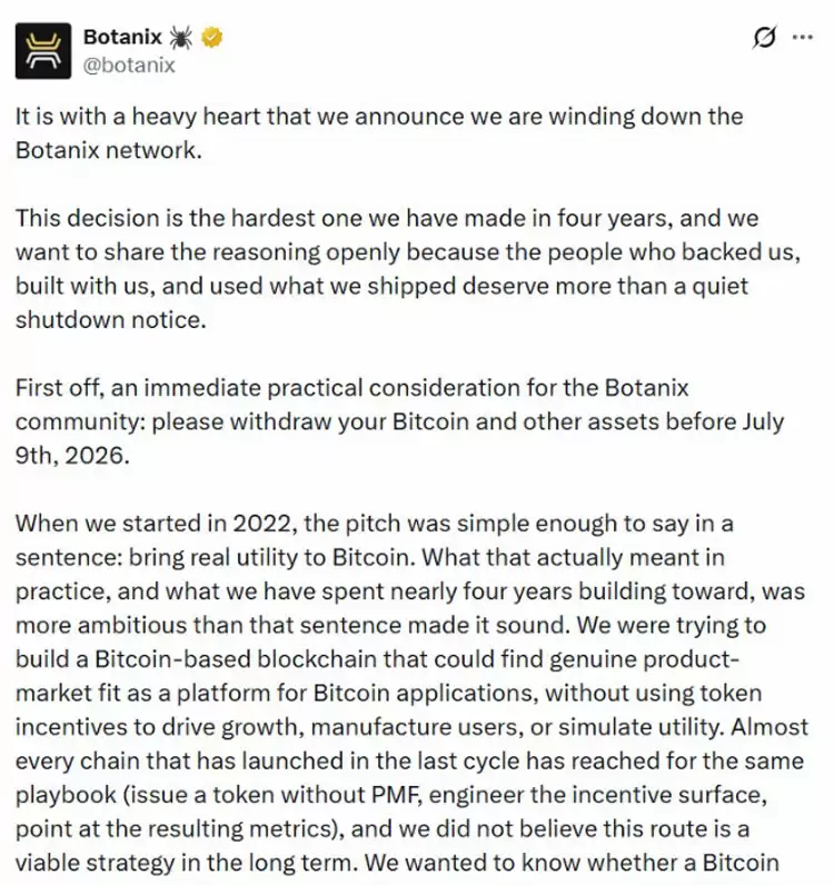 比特币DeFi需求疲软,Botanix项目四年运营后何去何从_wishdown.com 比特币DeFi需求不足,Botanix四年后关停