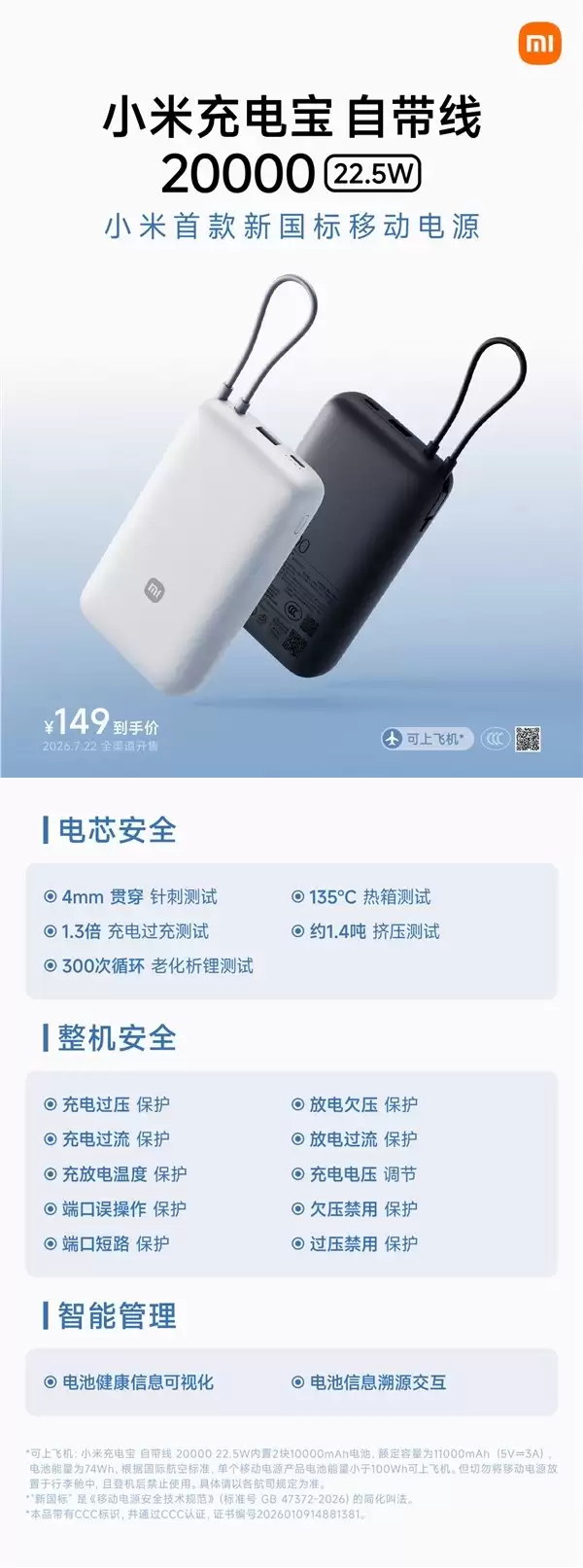 ͨ����̡���ѹ��������ԣ�С���׿��¹����ƶ���Դ������149Ԫ��20000mAh