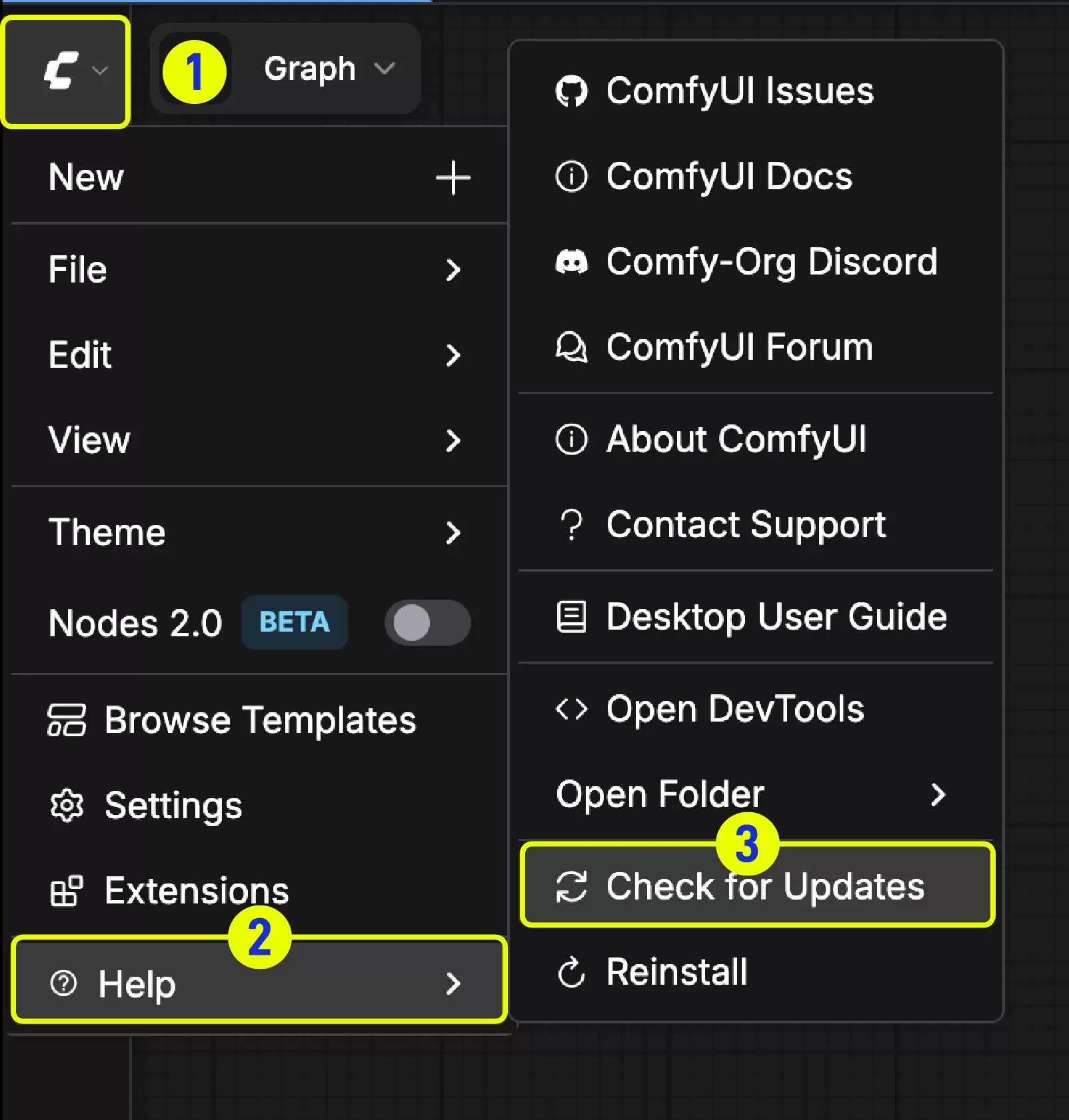 ComfyUI更新升级教程:版本升级与问题解决指南_wishdown.com Comfy Desktop 的 Help 菜单中 Check for Updates 命令