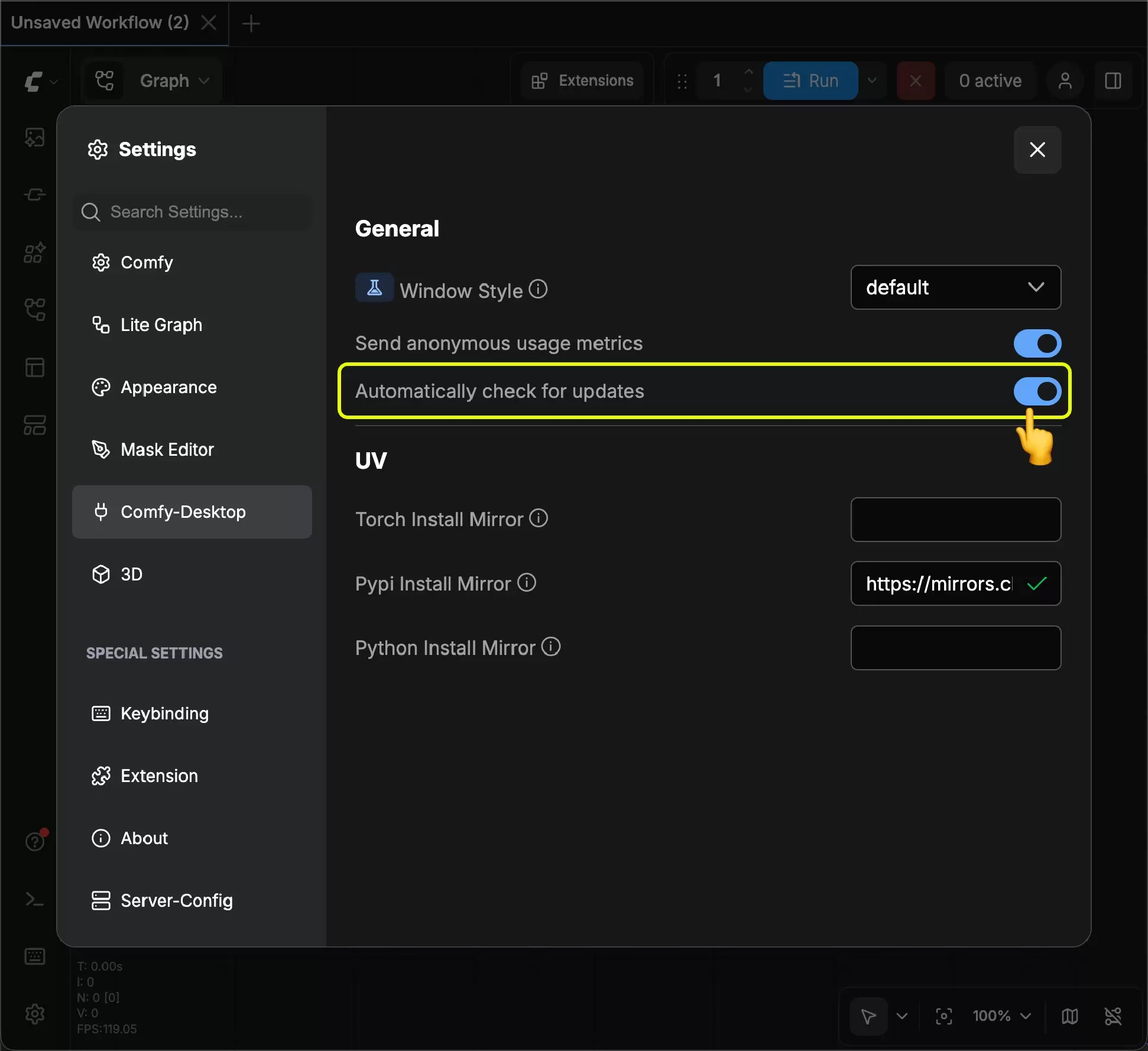 ComfyUI更新升级教程:版本升级与问题解决指南_wishdown.com Comfy Desktop 设置页中的自动更新开关
