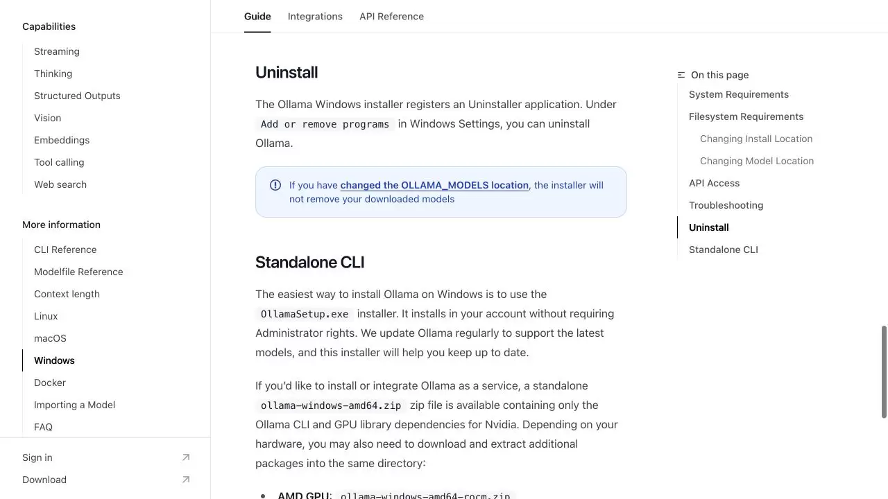 Ollama Windows卸载与模型文件清理教程_wishdown.com Ollama 官方 Windows 文档说明从 Windows 设置卸载并提示自定义模型目录不会自动删除