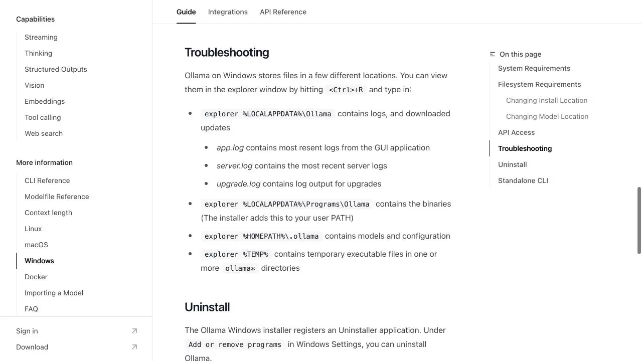 Ollama Windows卸载与模型文件清理教程_wishdown.com Ollama 官方 Windows 文档列出日志、程序、模型配置和临时文件目录