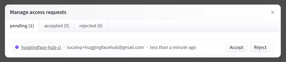 Hugging Face Hub受限模型访问申请与审批指南_wishdown.com Manage access requests弹窗的pending、accepted、rejected标签及Accept、Reject按钮