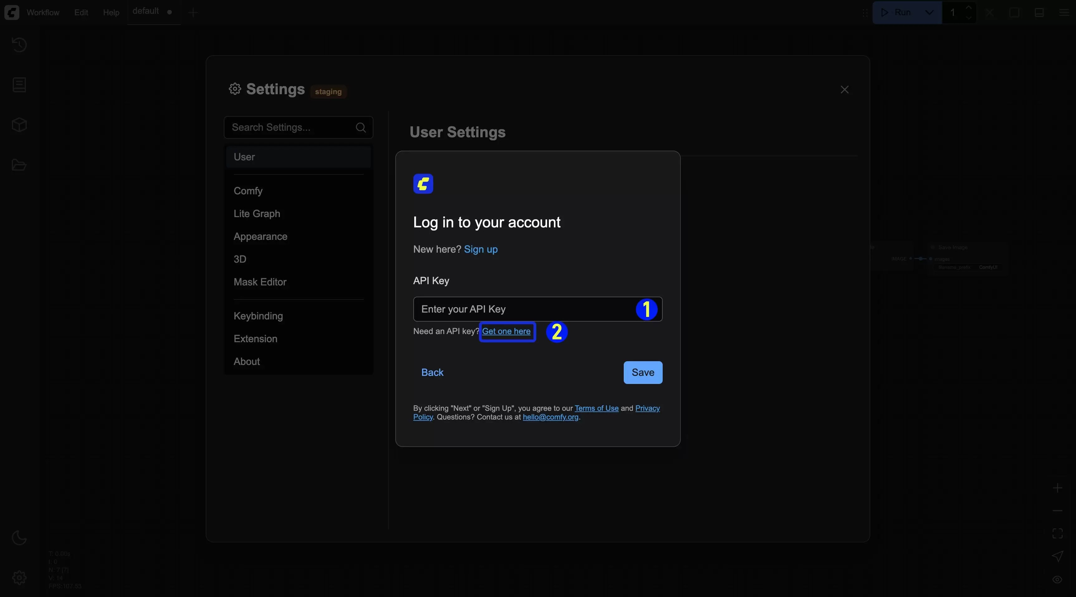 ComfyUI账号登录与会话故障排查步骤与技巧_wishdown.com ComfyUI Comfy API Key 登录表单的 API Key 输入框、Get one here 与 Save 按钮