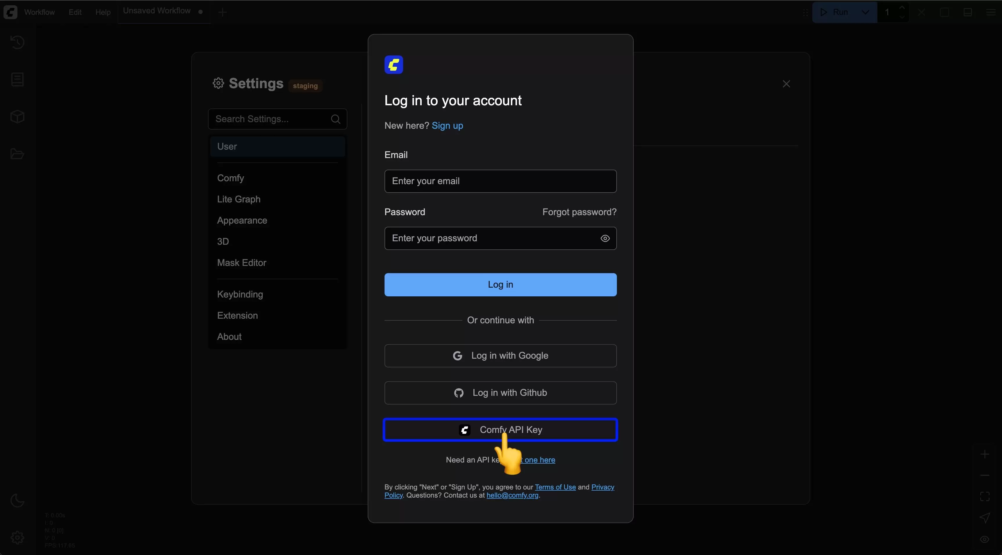 ComfyUI账号登录与会话故障排查步骤与技巧_wishdown.com ComfyUI 登录弹窗中的邮箱、Google、GitHub 与 Comfy API Key 登录选项