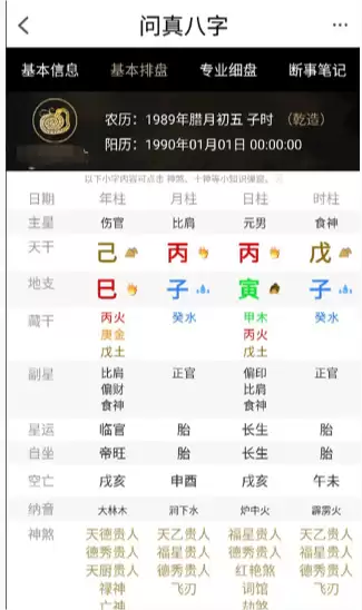 问真八字网页版使用指南:在线排盘入口与功能详解_wishdown.com 问真八字网页版排盘结果展示,包含四柱、十神、藏干等信息